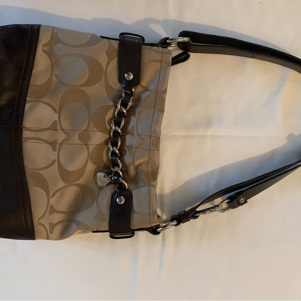 Coach Tan and Brown silver  Chain Accent Shoulder Bag w coach charm chain